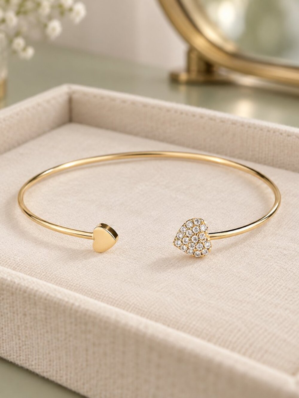 18K Gold Plated CZ Pave Heart Open Cuff Bracelet Adjustable New